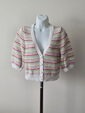 Autumn Cashmere All Cotton Cardigan with Multicolor Stripes Size Medium
